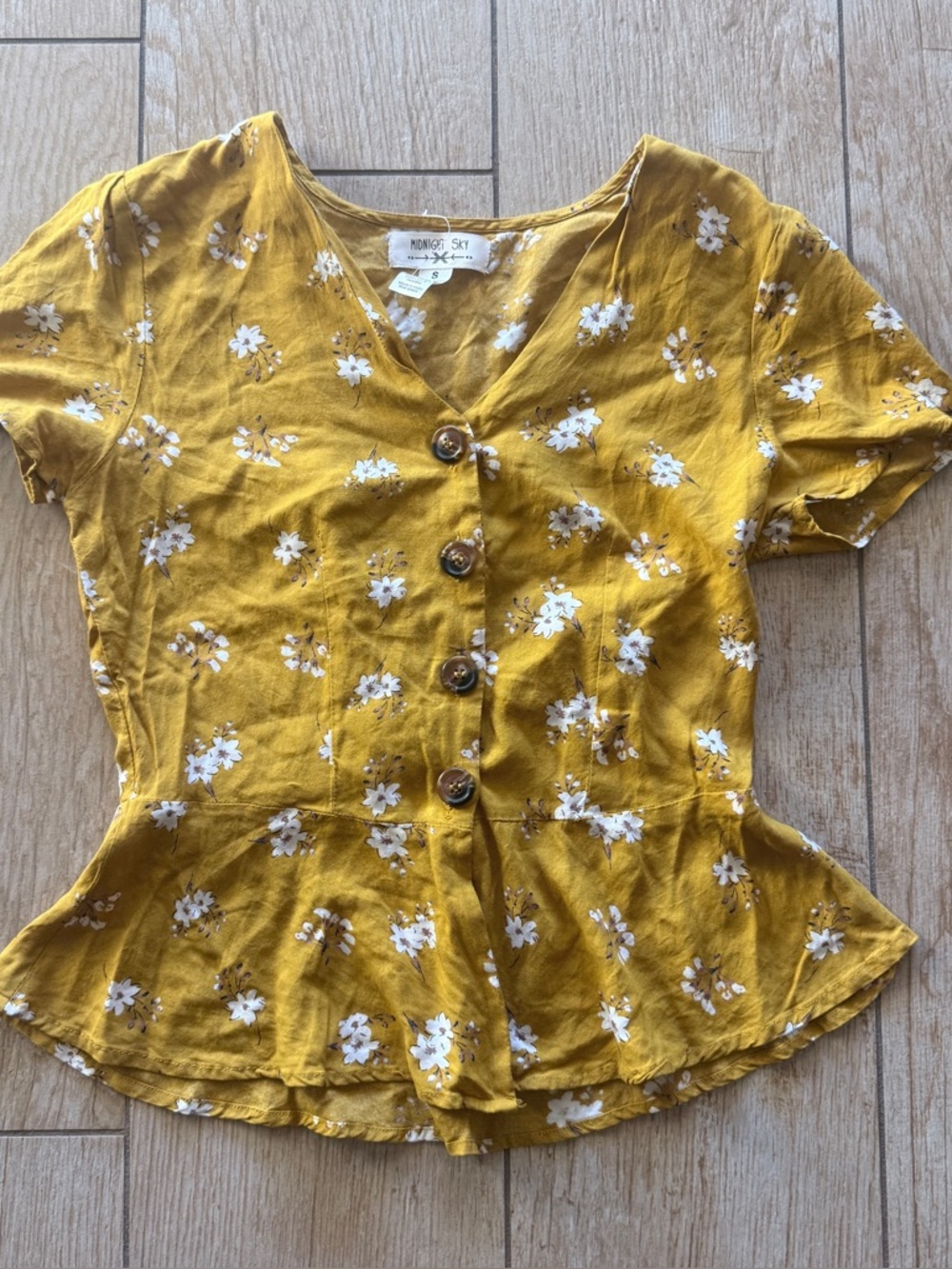 Mustard Yellow Floral Button-Front Peplum Blouse
